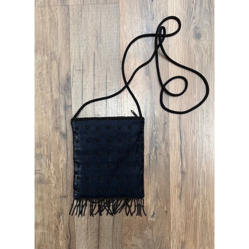 La Regale Black Beaded Fringe Evening Crossbody Bag Vintage Formal Clutch